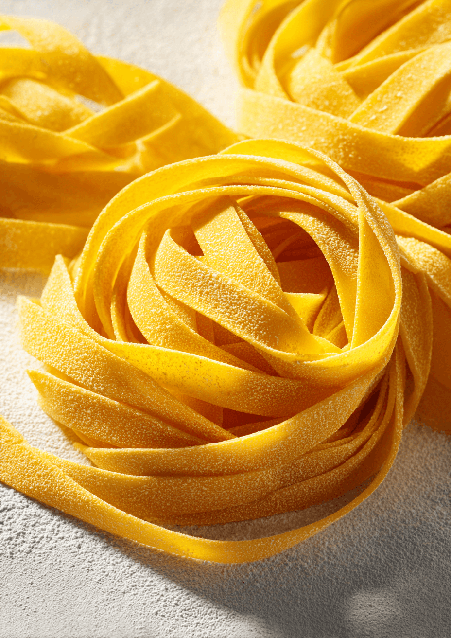 Tre ukogte reder af Pasta Floral tagliatelle by Posters ligger på en melet overflade med deres gyldengule tråde i pæne bundter - ideel inspiration til en stilfuld tagliatelle-plakat eller elegant køkkenkunst.