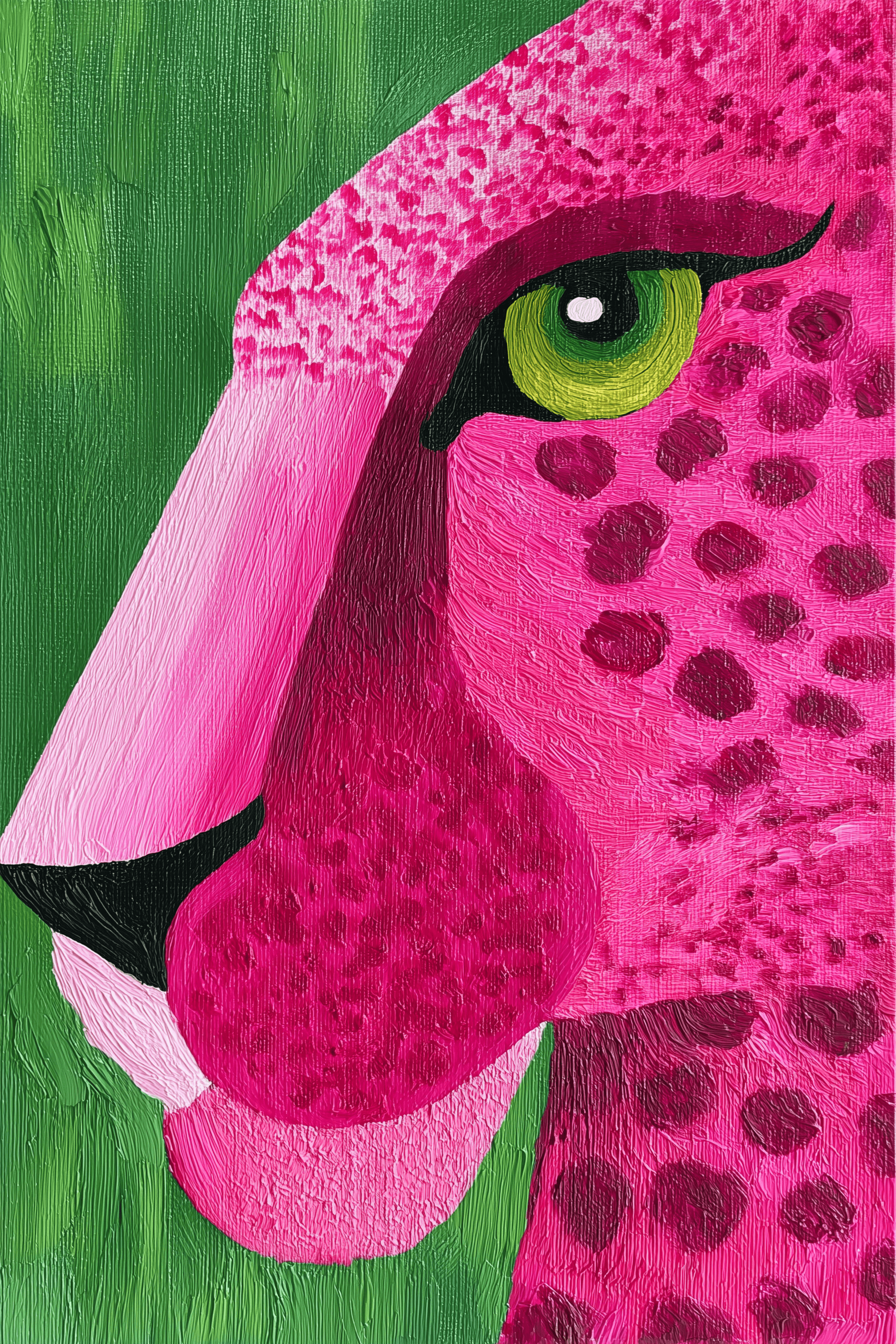Pink Leopard by Posters viser et gepardhoved i profil med kraftige rosa nuancer, mørke pletter og et levende grønt øje på en struktureret grøn baggrund. Denne abstrakte kunstplakat tilføjer et farverigt statement til ethvert rum.