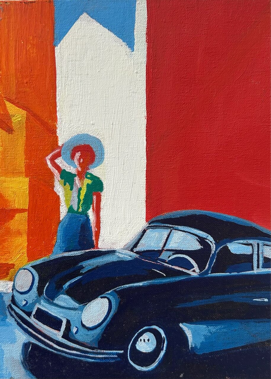 Maleri som plakat af en kvinde foran en porsche med rød og hvid baggrund af kunstneren Mike Skyte