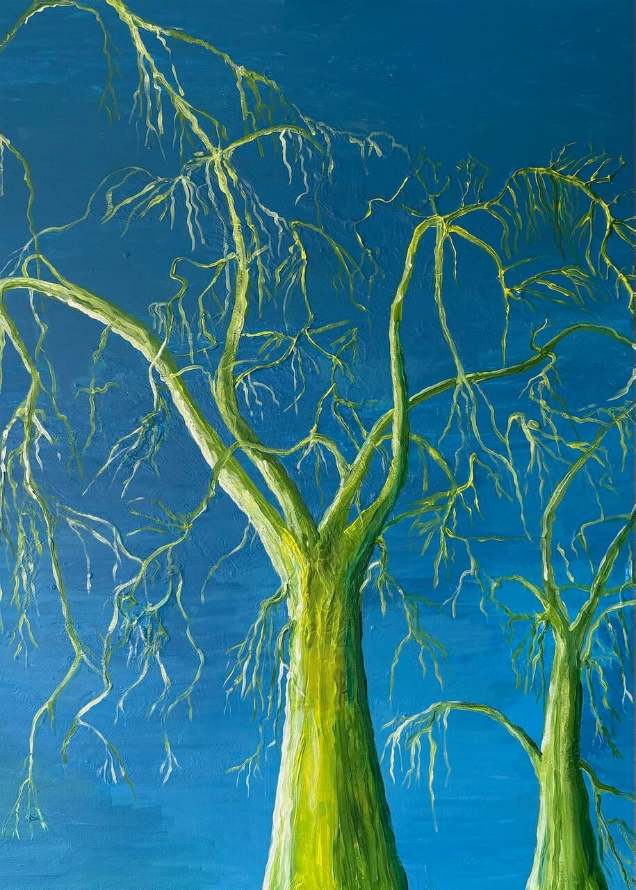 A painting with two lime green trees on a blue background by the artist Mike Skyte. Plakat/poster