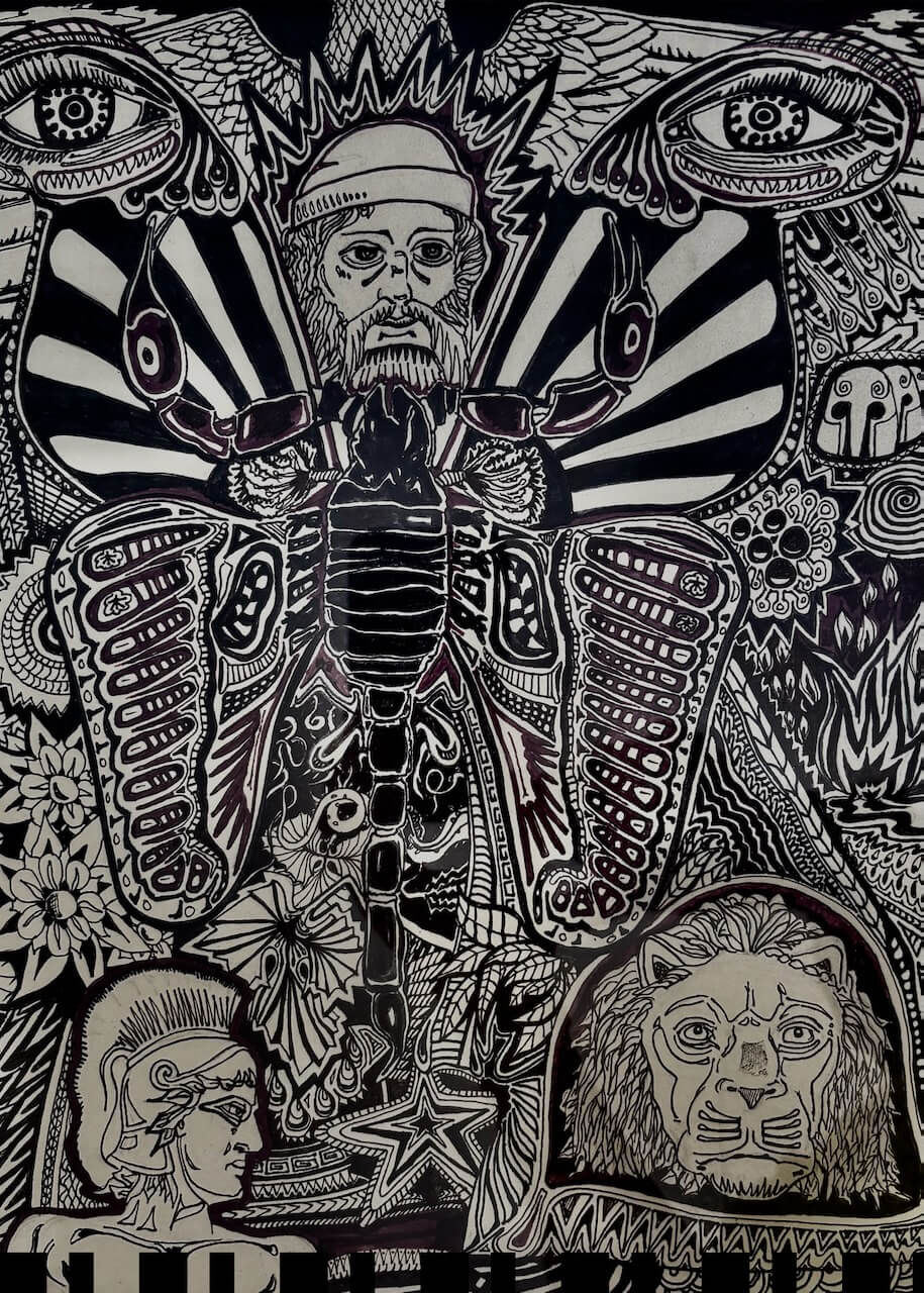 Black and white illustration of a scorpion king inspired by kids doodles and Thorvaldsen's museum. Plakat/poster