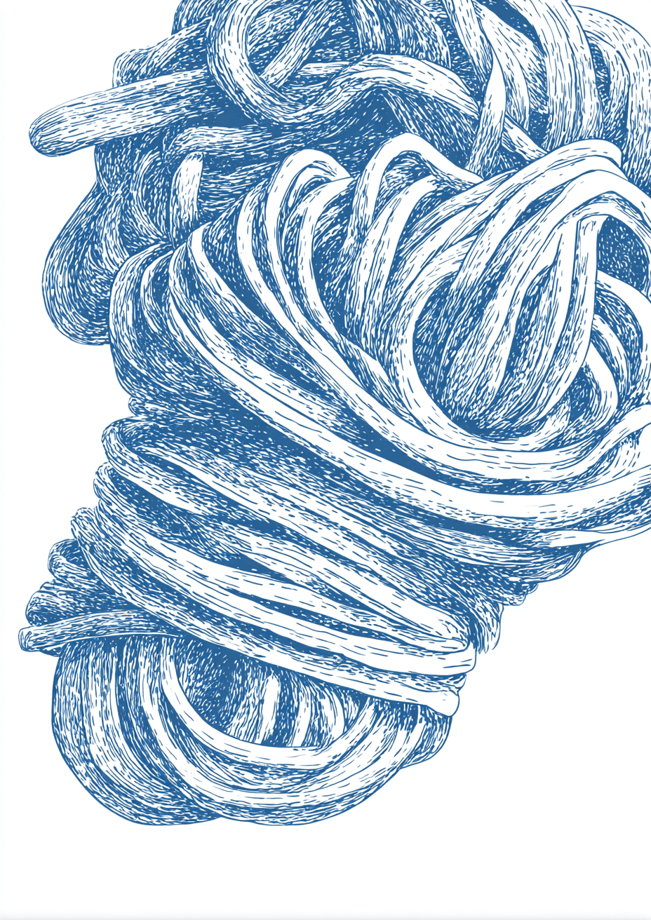 Sloppy Rope by Posters: en detaljeret blå stregtegning af en tyk knudret snor med indviklede løkker på en hvid baggrund - ideel som køkkenkunst eller en unik pastaplakat.