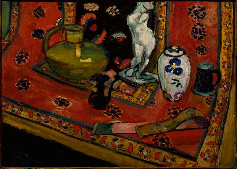 Statuette and Vases on Oriental Carpet (Still Life in Red of Venice)