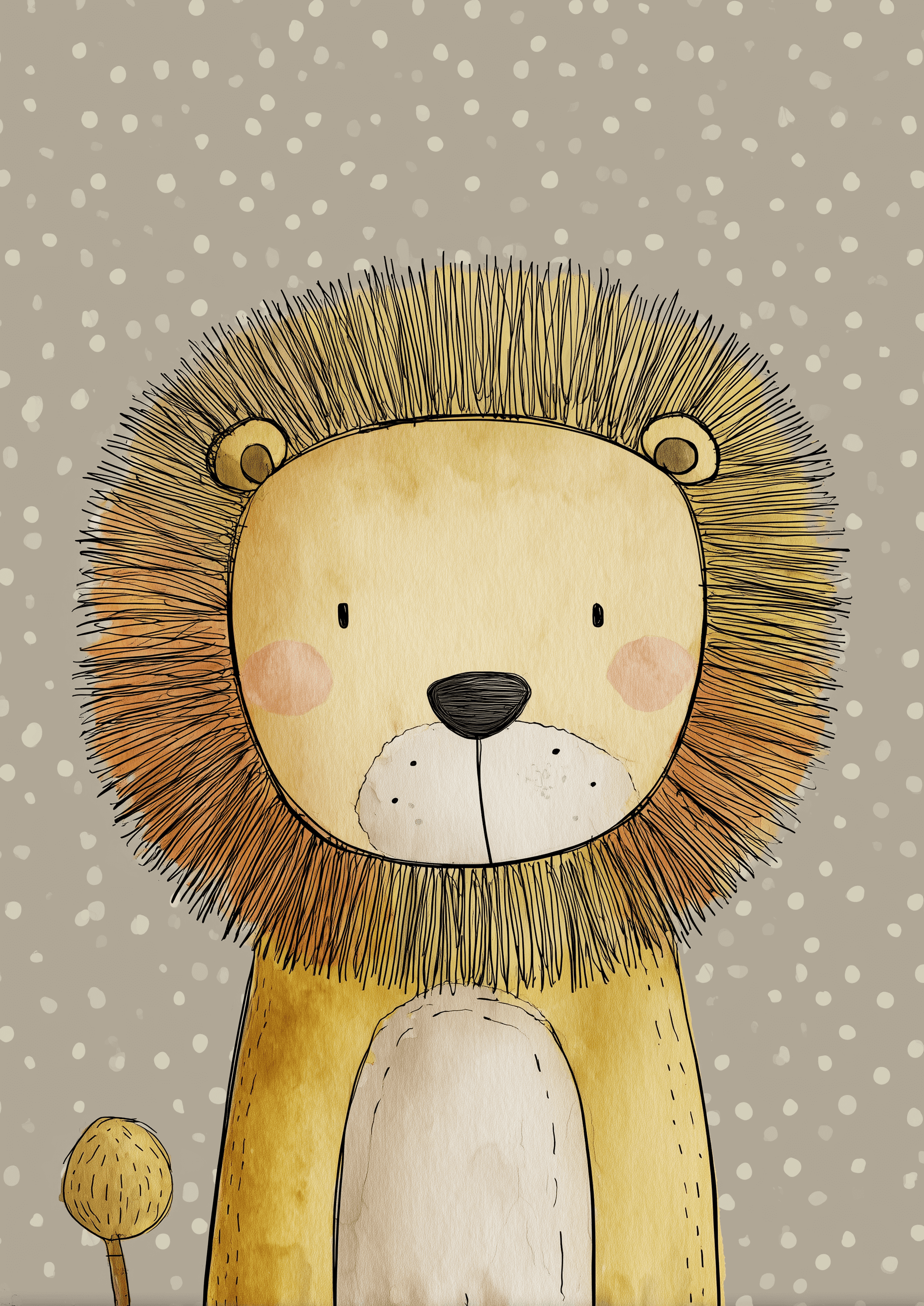 Toddler Lion by Posters viser en sød løve med en fluffy manke, røde kinder og et neutralt udtryk på en grå baggrund med lyse prikker, perfekt som en løve plakat til skandinavisk børneværelse.