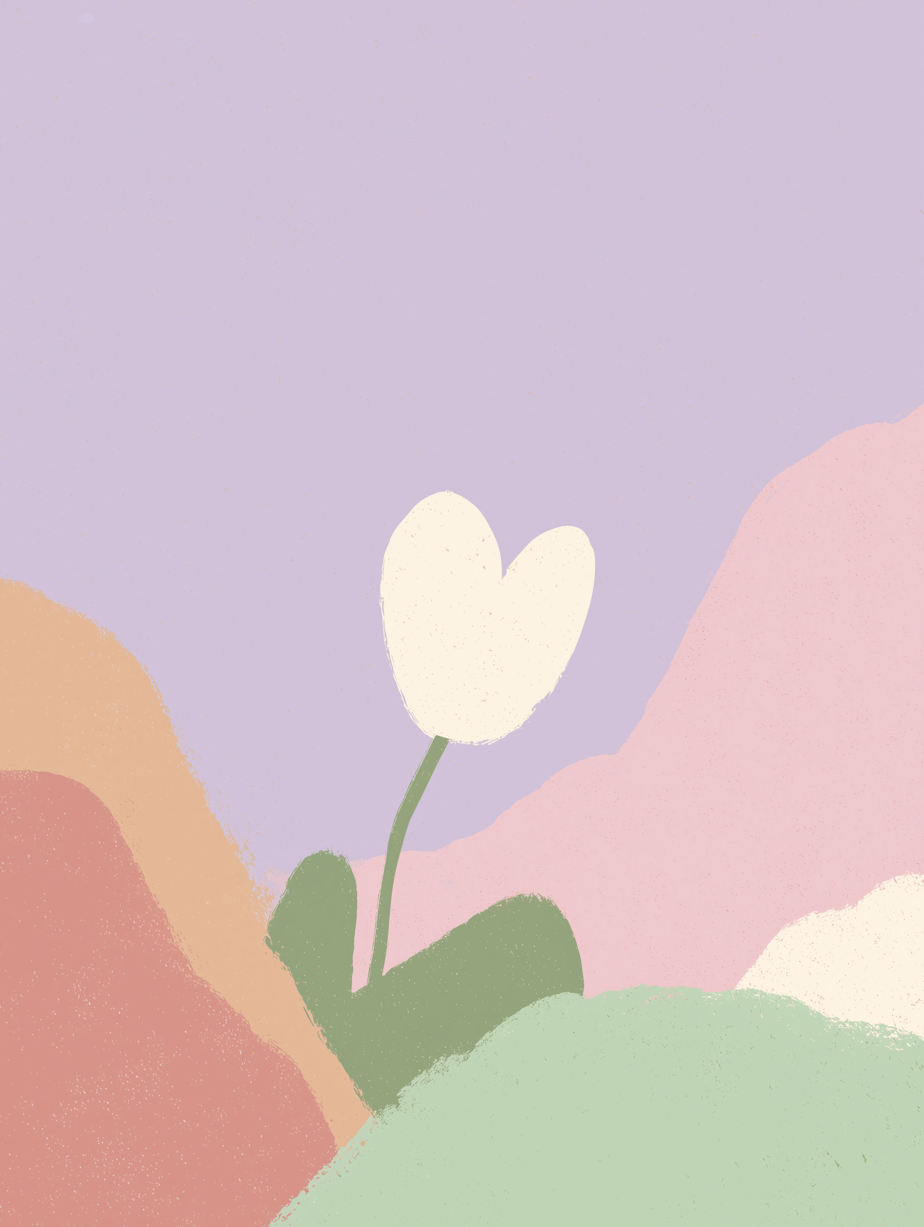 White Pastel Tulip by Posters viser en minimalistisk hvid hjerteformet blomst med grøn stilk og blade på pastelfarvede bakker og en lyslilla himmel - ideel som minimalistisk plakat eller pastelplakat til moderne rum.