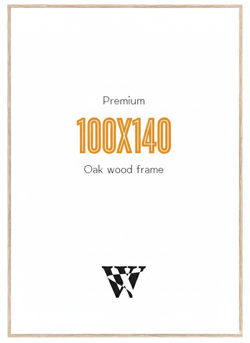 Minimalistisk etiket med The Wooden Frame - Egetræ - 100 x 140 by Posters, centreret med en lys træramme, stiliseret W-logo i bunden og holdbart, klart akrylglas (akrylglas) for førsteklasses kvalitet.
